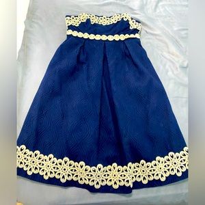 EUC Lilly Pulitzer Betsy Strapless Dress in Navy Blue & Metallic Gold Size 00